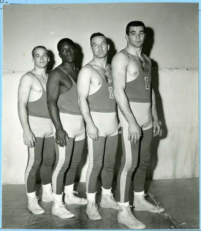 Iowa State University wrestlers (left to right), Dean Corner, Ellie Watkins, John Haizlip, and Frank Powell, pose for portrait.