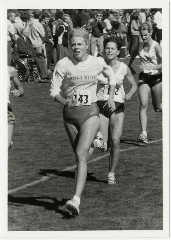 Three women are participating in a cross-country competition, 1987.