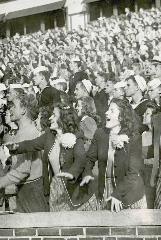 A group of individuals in the stadium watching a football game.