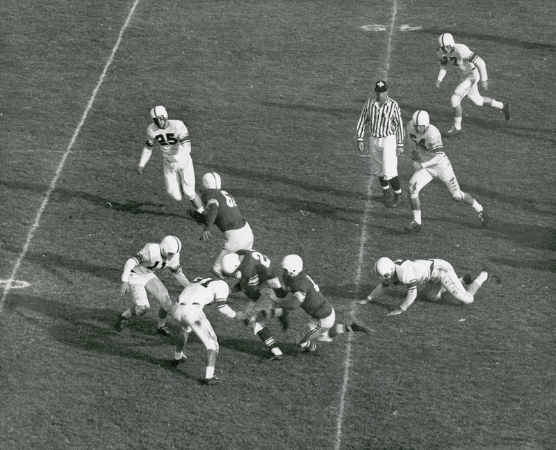 This aerial image shows a football games in progress.