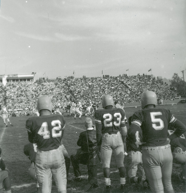 Football players standing on the sideline during a game.