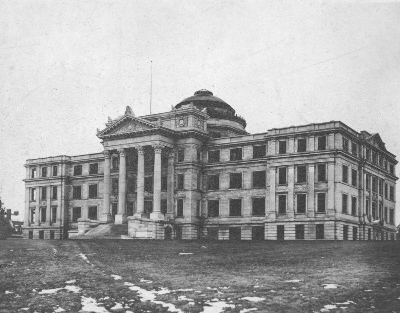 The front of a newly constructed Beardshear Hall from central campus during winter.