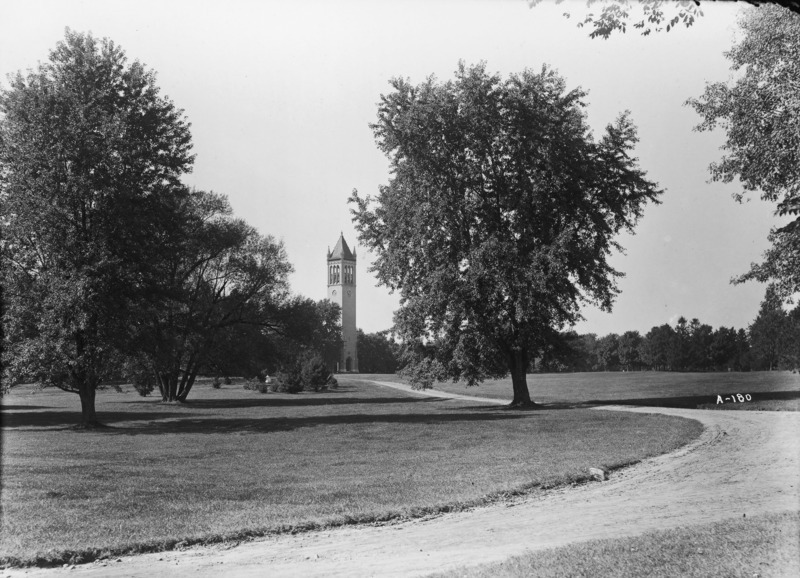 The Campanile on the edge of the great central lawn, with trees behind it and surrounding central campus. A road cuts diagonally across the foreground and then angles back toward the Campanile in the distance. Trees in the middle distance on the left of the image break up the expanse of lawn.