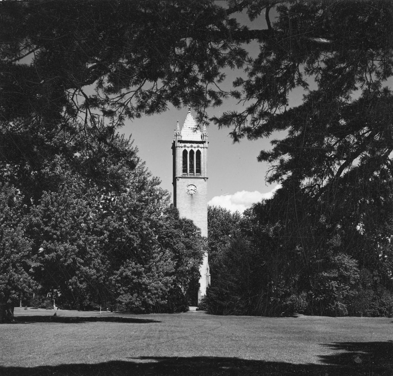 The Campanile surrounded by trees in its central campus setting. Clock shows 3:44. Overhanging fully leafed trees provide a frame for the Campanile as central focus of the photograph. The photograph is one of a set of four, each almost identical to the other but varying slightly in location. The other photographs in the set are: 4-8-I. Campanile.230-7-2-2; 4-8-1.Campanile.230-7-2-3; and 4-8-I.Campanile.230-7-2-4.