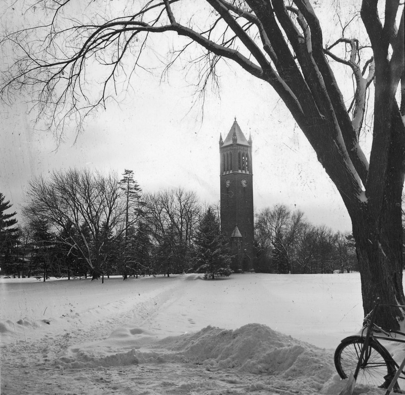 The Campanile on a snow covered central campus. Clock shows 3:17. A leafless elm on the right foreground partially frames the view of the Campanile in the distance. A bicycle is parked in a snowdrift in the right foreground. A packed trail in the snow leads from the image left across a broad expanse of snow toward the Campanile. One of a set of three photographs of the Campanile, each showing the same aspect of the tower but varying in location of the camera. The other photographs in the set are: 4-8-I.Campanile.230-7-4-1 and 4-8-I.Campanile.230-7-4-3.