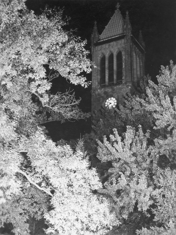 This night view depicts the top of the Campanile behind some full foliaged trees highlighted from below. The lighted clock face is very evident showing a time of 9:40 pm.