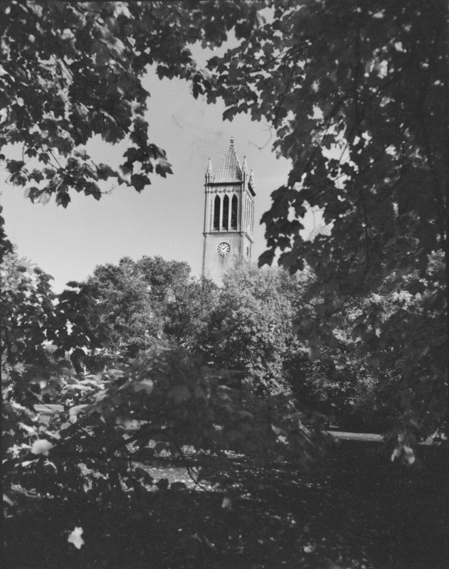 This view of the Campanile is typical of a number of university publicity photographs. The top of the tower down to just below a clockface emerges through a grove of trees against a clear sky, as seen through a dark frame of heavy foliage and shade. The legend on the mount indicates that this is a fall scene.