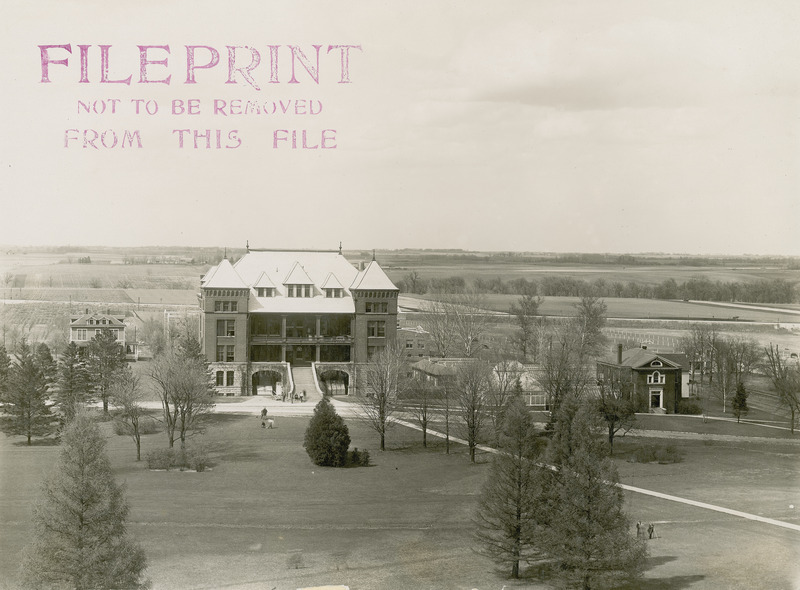 An aerial view shows the front of Catt Hall and surrounding buildings.