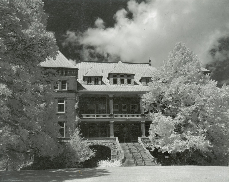 The front of Catt Hall and the surrounding foliage. This image is part of a set of images that includes: w4-8-I.CattHall.234-4-2-1.