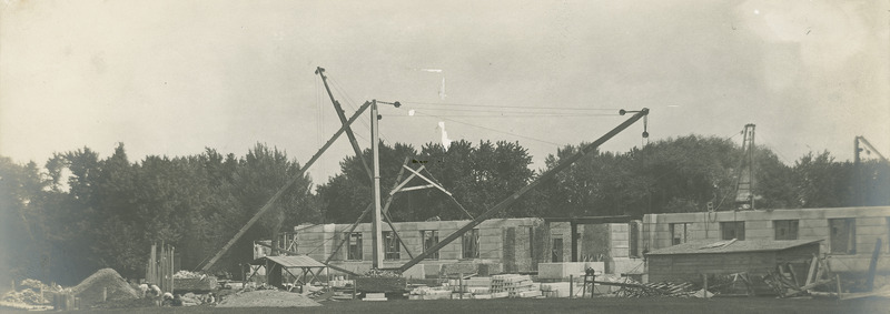 Curtiss Hall in the early stages of construction. A label, "Ag. hall under construction," is prominently displayed on the photo.