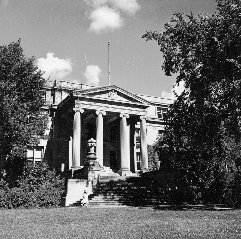 A woman walks by the entrance steps to Curtiss Hall, which are framed by trees and ivy.