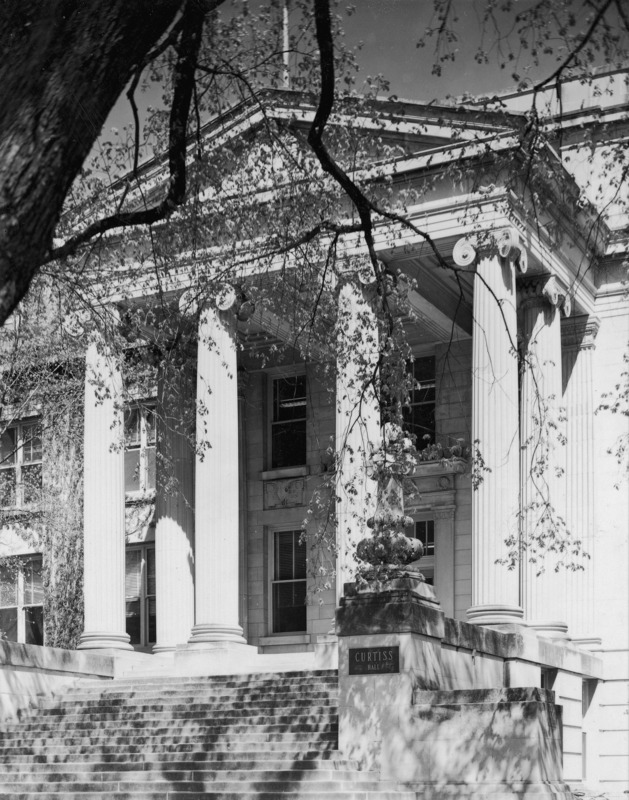 The entrance to Curtiss Hall is overshadowed by a large tree.