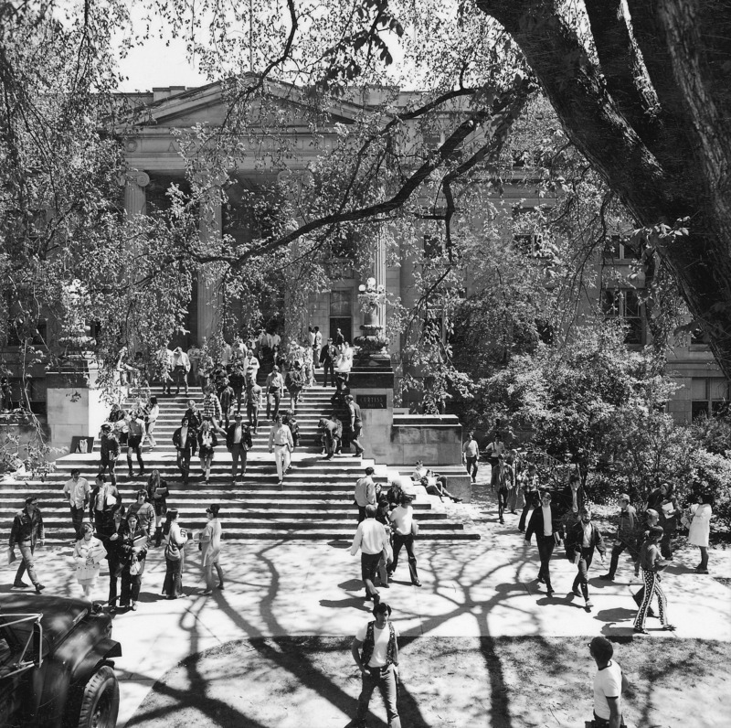 Many students walk in the shade of a large tree in front of Curtiss Hall, 1971.