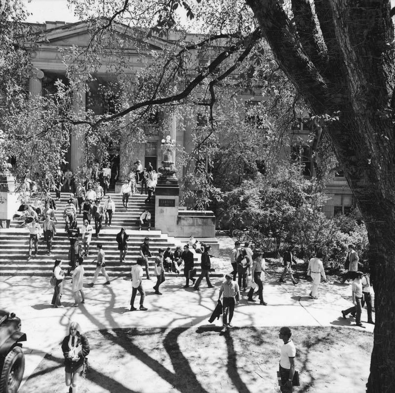 Many students walk in the shade of a large tree in front of Curtiss Hall, 1971.