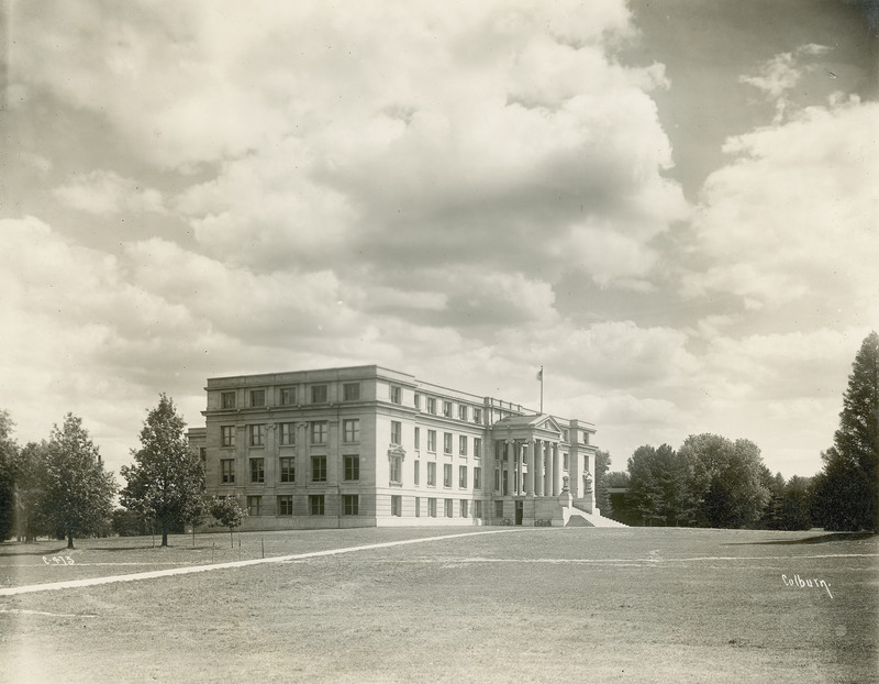 Curtiss Hall (Agriculture Hall) is viewed from the northwest, showing the north and west elevations soon after completion, with few trees.