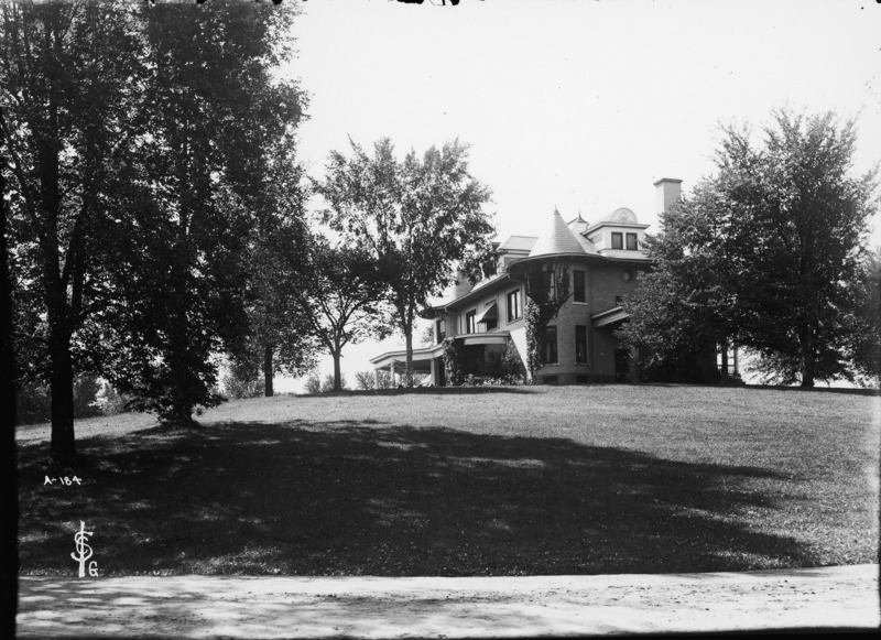 The north east corner of the Knoll seen through the trees. Part of the north and east sides of the buildings are also visible.