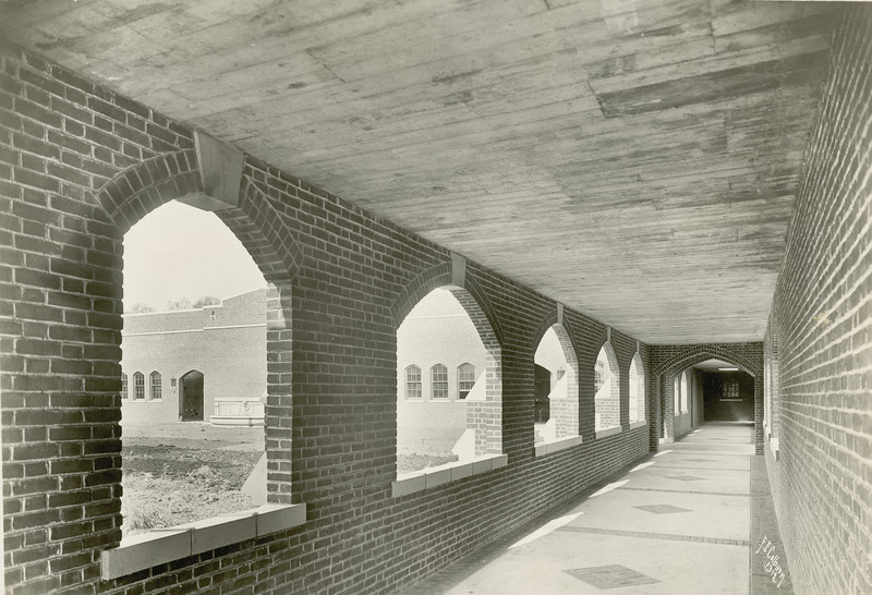 View from inside the covered walkway at Lagomarcino Hall (then called the Quadrangle) in 1912.