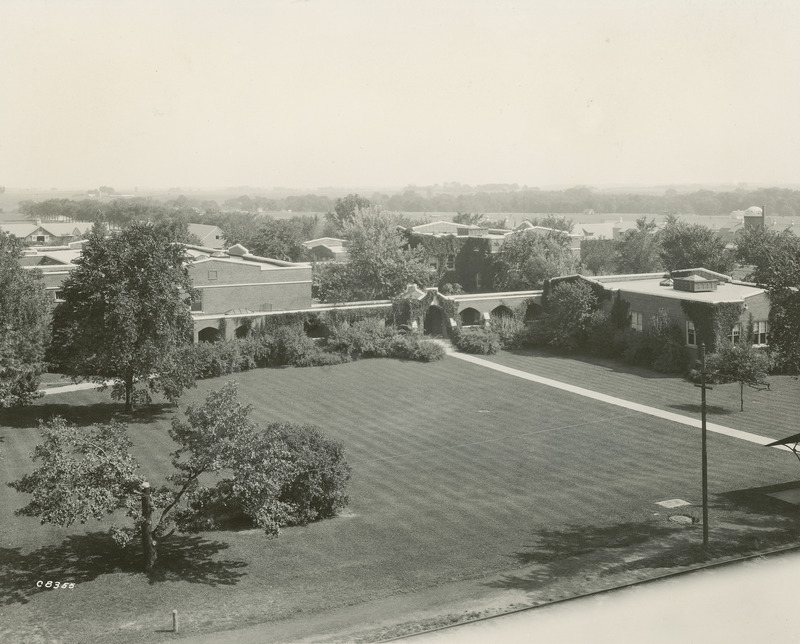 Viewed from above, the south entrance to the Quadrangle (later known as Lagomarcino Hall) is in the center of the photograph, 1929.