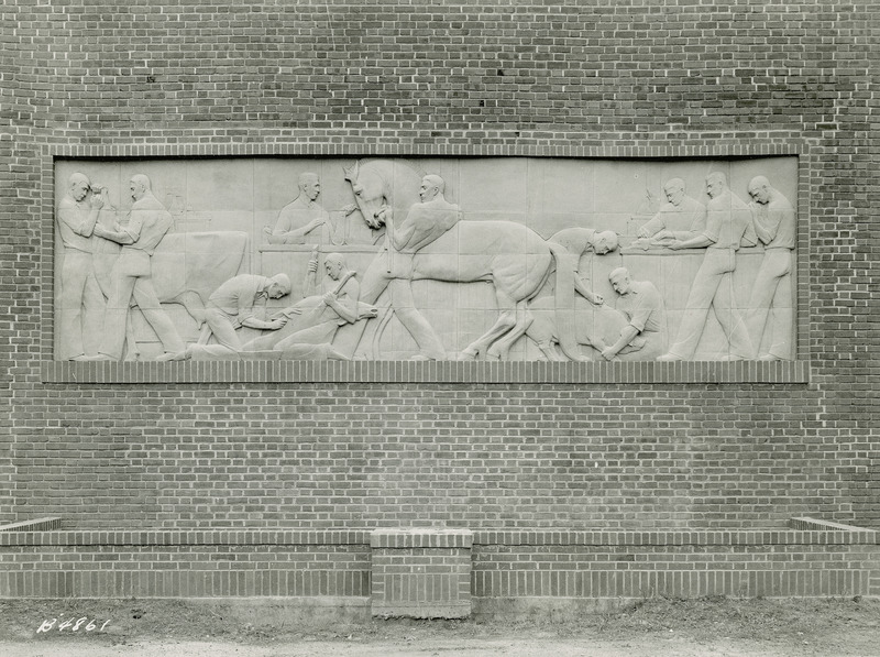 Bas-relief by Christian Peterson. Located at Lagomarcino Hall (then called the Quadrangle) at Iowa State University. Depicts various activities associated with veterinary medicine.