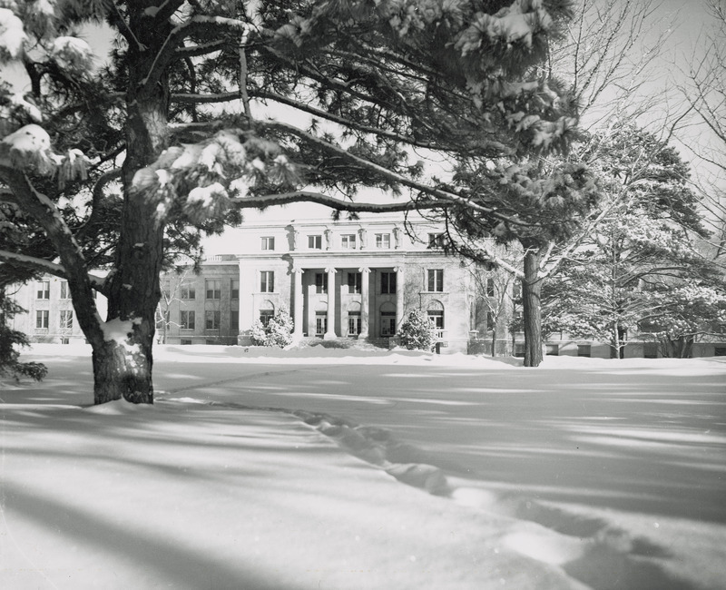 MacKay Hall in 1949. The surrounding area is covered in deep snow.