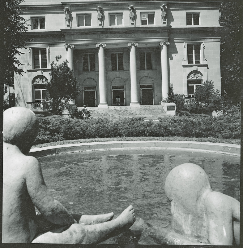 MacKay Hall entrance, 1973. Photograph taken from the Ring of Life fountain.