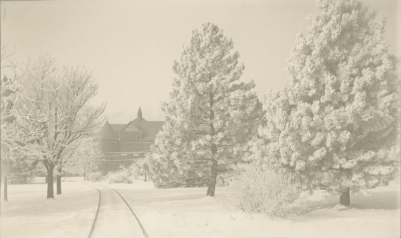 Morrill Hall is partially hidden from view by trees in this winter scene. The tracks of the Ames and College Railway (the Dinkey) are in the foreground.