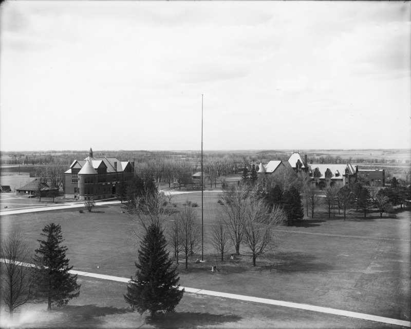 In this aerial view, Morrill Hall is on the left and Margaret Hall is on the right. The Hub can be seen to the left (west) of Morrill Hall.