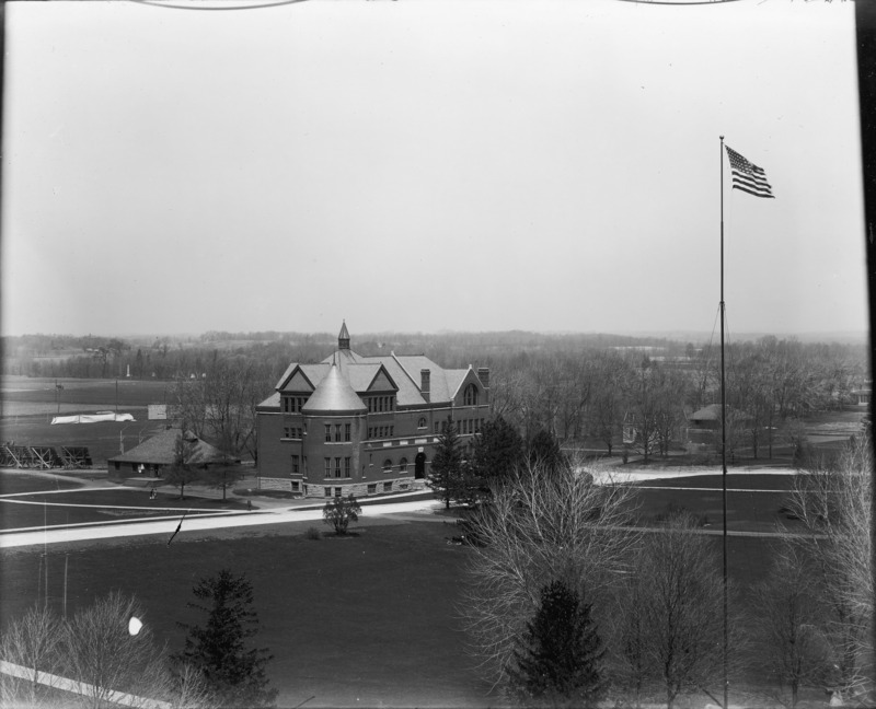 In this aerial view the Hub is to the left (west) of Morrill Hall.