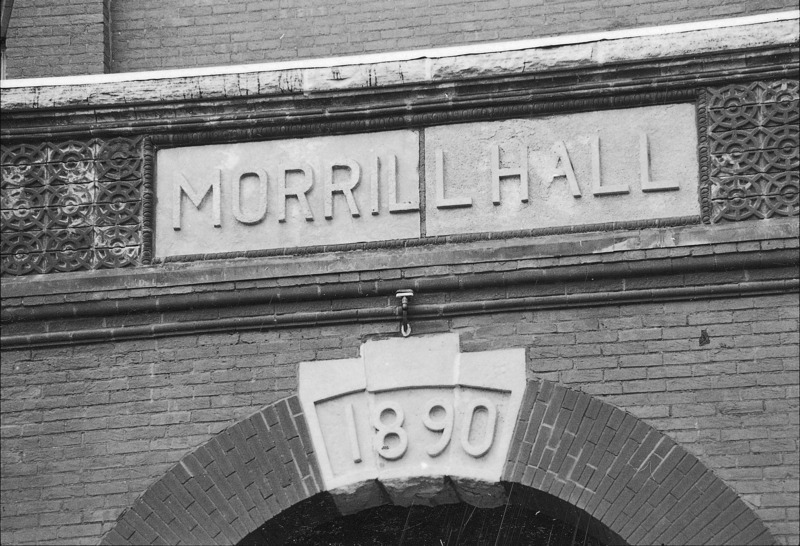 The keystone over the entrance arch to Morrill Hall is captured in this close up view.