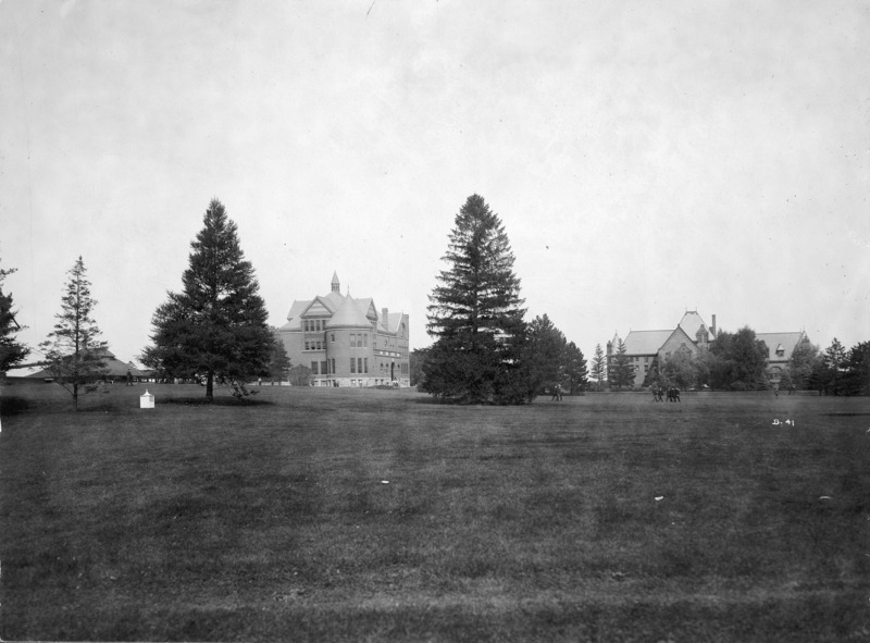 Morrill Hall is pictured in the distance framed between two trees. The Hub is seen to the left of Morrill Hall and Margaret Hall is to the right.