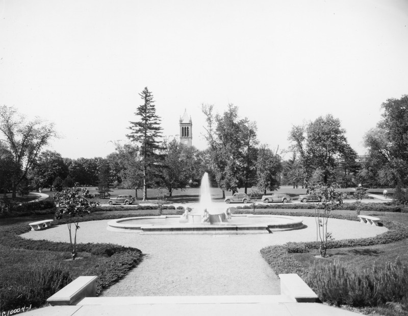 The Fountain of the Four Seasons by Christian Petersen is located on the north side of the Memorial Union. The Campanile is in the background of this view.