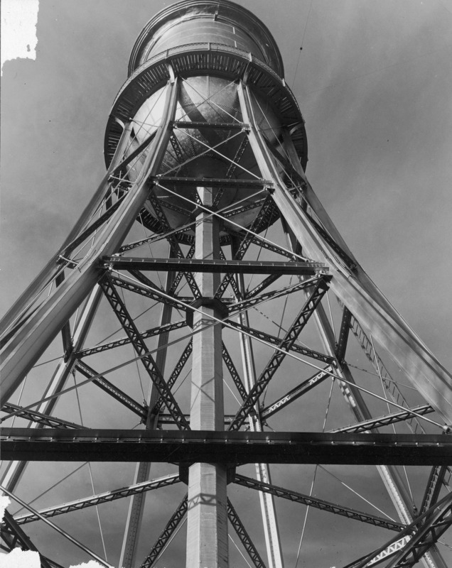 The Marston Water Tower viewed from the base looking up towards the top.