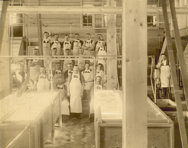 A class of 21 Dairying students in 1892 or 1893 with the cheese vats in the cheese processing laboratory.