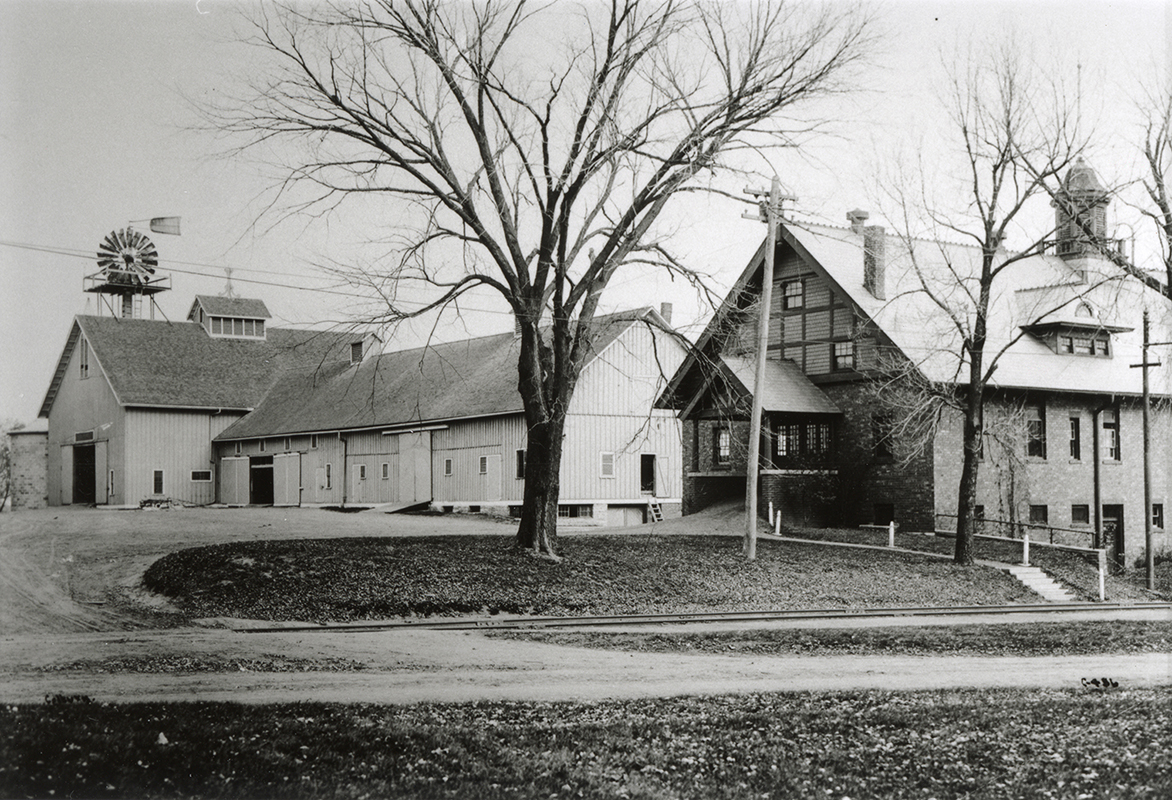 Photograph of the south and wet elevations of the Horse Barn (Landscape Architecture) on the right and the Cattle Barn in the background. The view is looking northeast. Leafless trees appear in the foreground. 