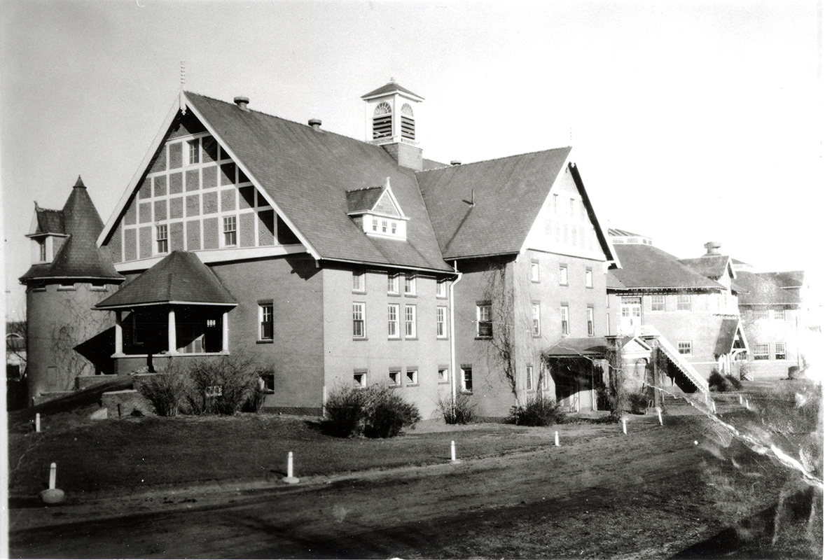 Photograph of the new Experiment Station Barn and the Judging Pavilion to the east. The view is looking northeast.