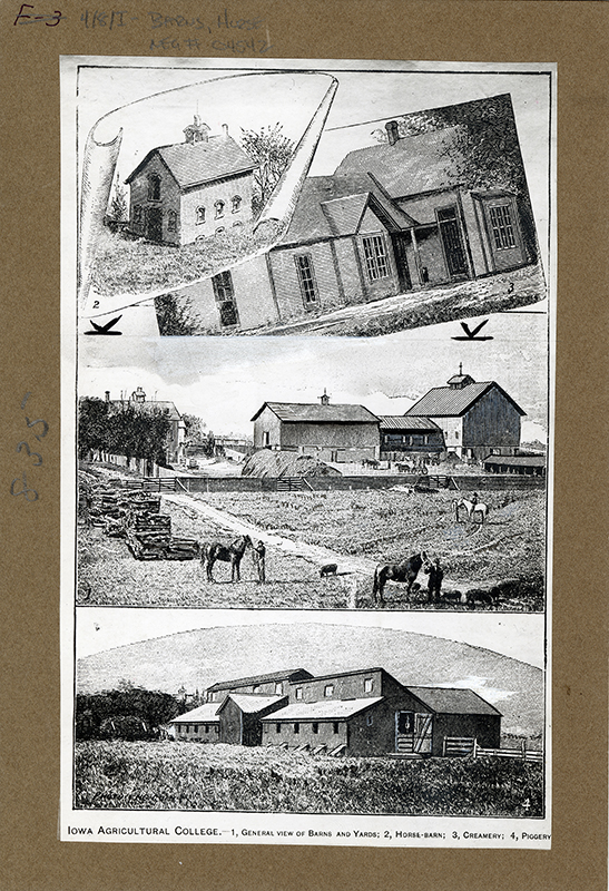 Etchings showing the horse, cattle, and swine barns, and the creamry. Images show general views of the buildings, with one showing horses, people, and livestock in the foreground in front of barns. Annotation: "Picture appears in 1883 catalogue. A swine house burned about 1885 and was probably the piggery. Horse Barn built 1970 Cattle barn built 1861."