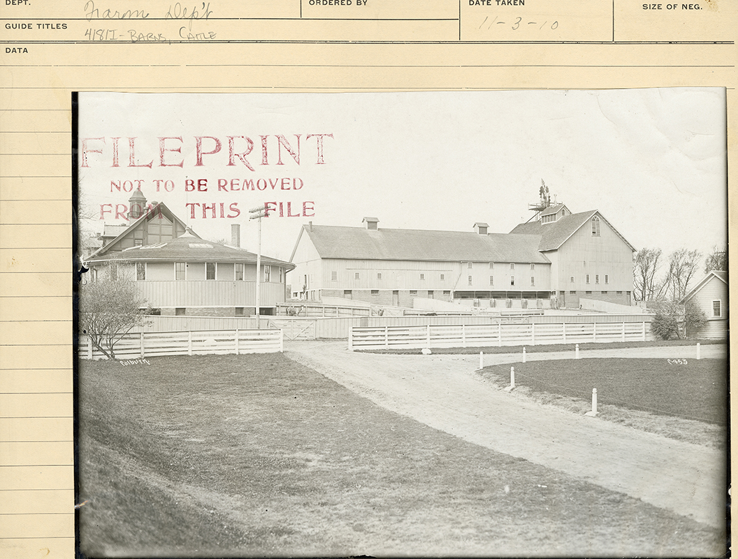 Photograph of a west-northwest view of the barn complex. It shows the horse and cattle barns, a pavilion, and an outbuilding, with fenced pastures in the foreground. 