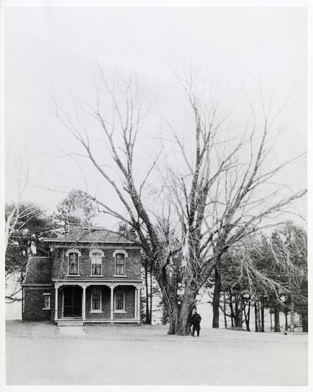 Photograph of Sloss House in the winter. A person stands beside a tree in the snow.