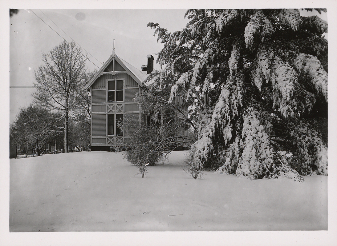 Photograph of Pope Cottage on the Iowa State campus, showing a two-story wooden residence. The building is partially obscured by trees heavily covered in snow. The ground and surrounding landscape are blanketed in snow, indicating a winter setting. Annotation: "Pope Cottage, built in 1877, purchased by college in 1885. Now the home of the Provost, James. H. Jensen. (1954). Pope Cottage 1954."