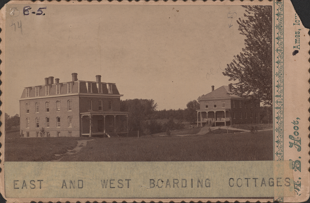 Photographs of the east and west boarding cottages. The east boarding cottage is on the left, and the west boarding cottage is on the right.