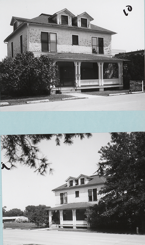Three photographs of Bevier House taken shortly before it was demolished. The photos show three angles of the front of the house. The house is two stories and painted white. The paint on the second story is chipped. A sign on the front porch reads "Bevier House."