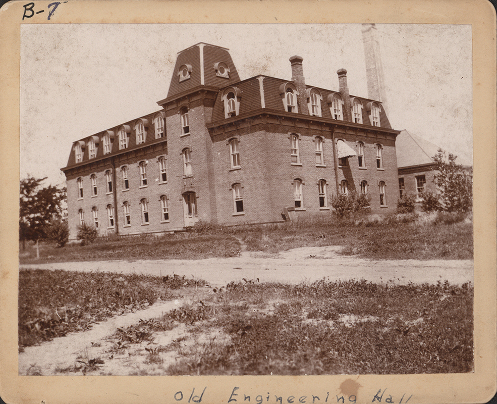 Photograph looking north-west at the southeast corner of the Laboratory of Mechanics. The southeast corner of the Power Station can be seen behind (to the right) of the Laboratory of Mechanics.