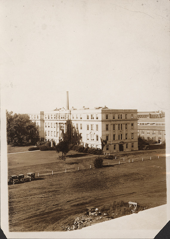 Photograph of the northeast corner of Marston Hall as seen from the library. Annotation: ''From top of Library.''
