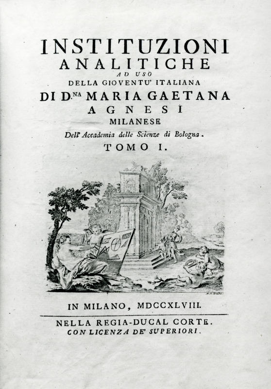 The cover from Instituzioni Analitiche, Tome 1 shown in this close-up view. The two volume Instituzoni Analitche was the two millionth volume added to the Iowa State University Library collection.