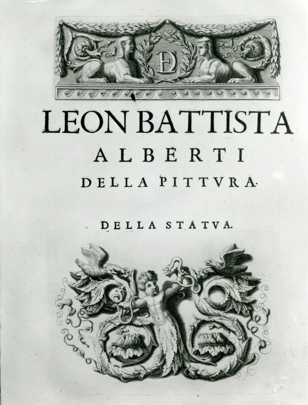 The cover from Trattado della Pittura by Leon Battista Alberti is shown in this close-up view. Trattado della Pittura the one millionth volume added to the Iowa State University Library collection, included a treatise by Leonardo da Vinci and other works.