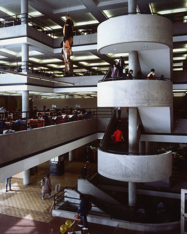 The spiral staircase located in the open interior of the library provides access to the newly constructed 3rd edition.