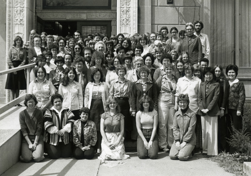 The library technical services staff pose in this formal portrait taken in 1980.