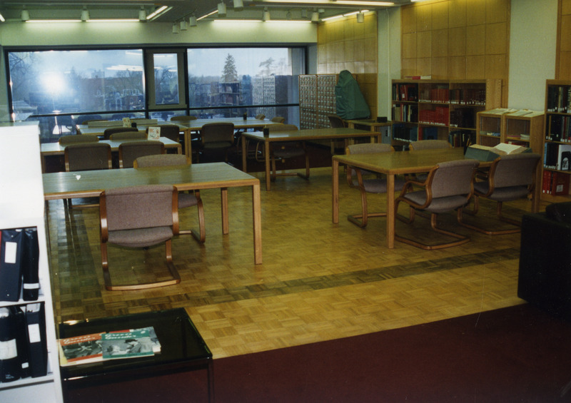 The Special Collections reading room shows a view out the windows from the fourth floor.