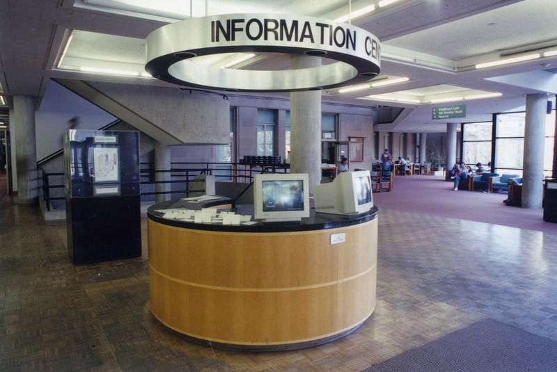 The Information Desk is shown before it was removed in the library renovation of 1999.