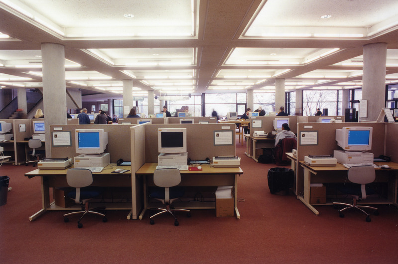 Public computers on the first floor are shown in a view looking east, before the 1999 library renovation.